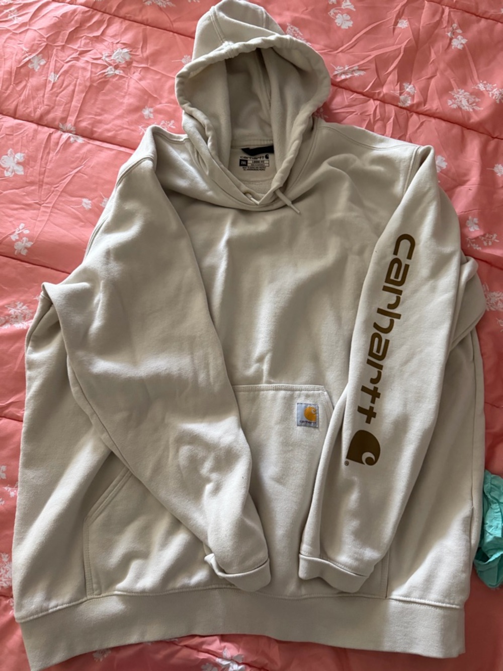 Carhartt Men’s 2x Beige Hooded Sweatshirt with Brown Sleeve Logo
